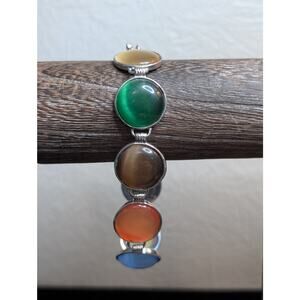 Colorful Bezel Set Cabochon Bead Silver Tone Toggle Bracelet